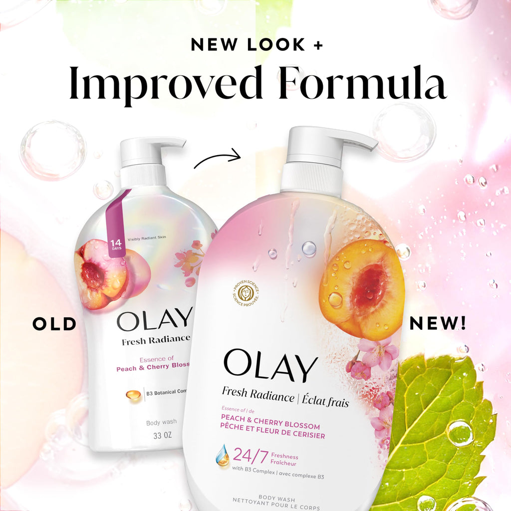 Olay Body Wash for Women, Fresh Radiance, 24/7 Skin-Loving Freshness, Visibly Radiant, Plant Based Cleansers, Vitamin B3 & Antioxidant Blend, For All Skin Types, Peach & Cherry Blossom Scent, 35 fl oz
