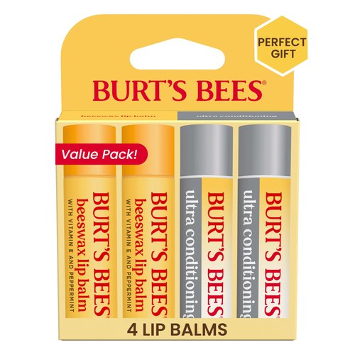 Burt's Bees Lip Balm Beeswax and Ultra Conditioning Lip Balm Pack, Hydrating Lip Moisturizer with Kokum and Shea Butter, Natural Origin Lip Care, 4 Tubes, 0.15oz.