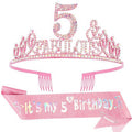 Hapdoo 5th Birthday Decorations for Girls Set - Happy 5th Birthday Princess Crown and Glitter Sash, 5 Year Old Girl Tiara Party Decorations Supplies Outfit Accessory Gifts