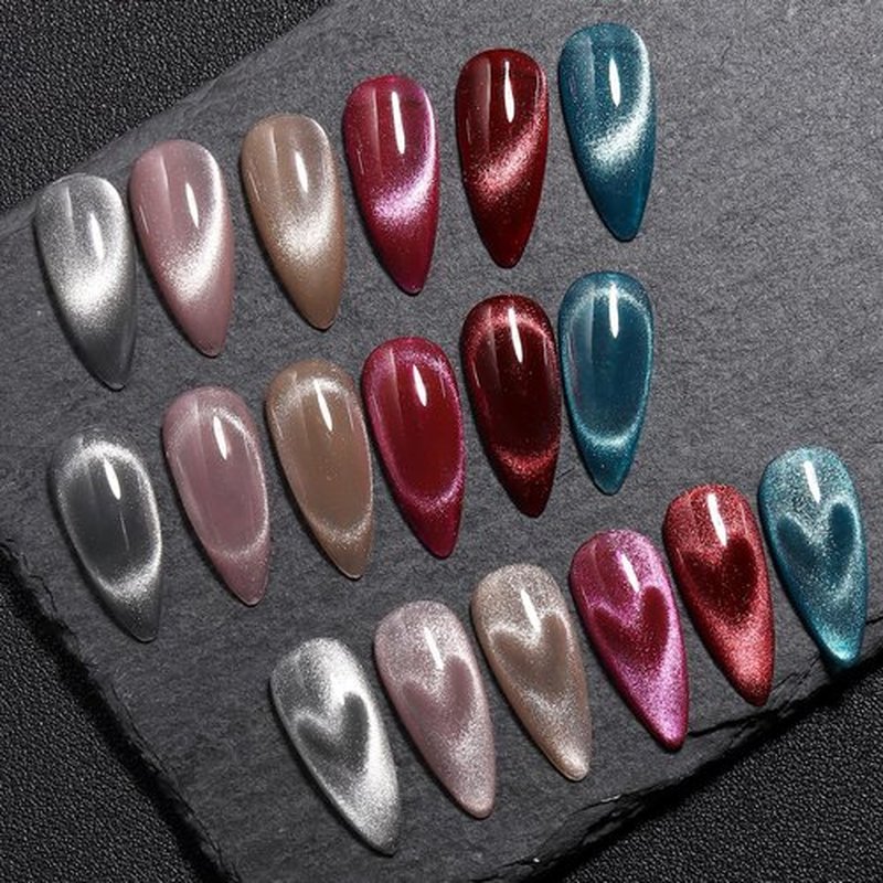Fcozpjk Cat Eye Gel Nail Polish, Sparkle Glitter Cat Eye Gel Nail Polish Set with Magnet Stick Top & Base Coat, Pink Wine Red Blue Silver Cateye Nail Gel Kit Salon Gel Manicure Supplies 6 Colors