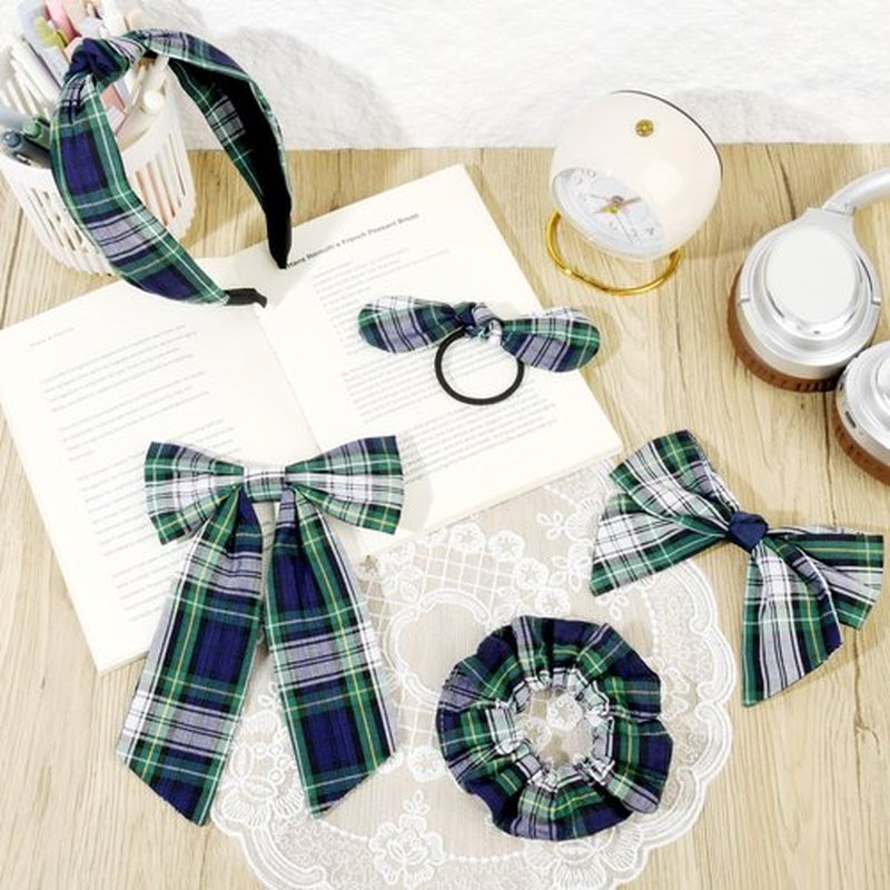 DEEKA 5 Styles Uniform Long Tail Hair Bows Knotted Headband Scrunchies Bow Set Alligator Clips Back to School Accessories for Toddler Little School Girls (Green, Navy, White&Yellow 5 Styles)