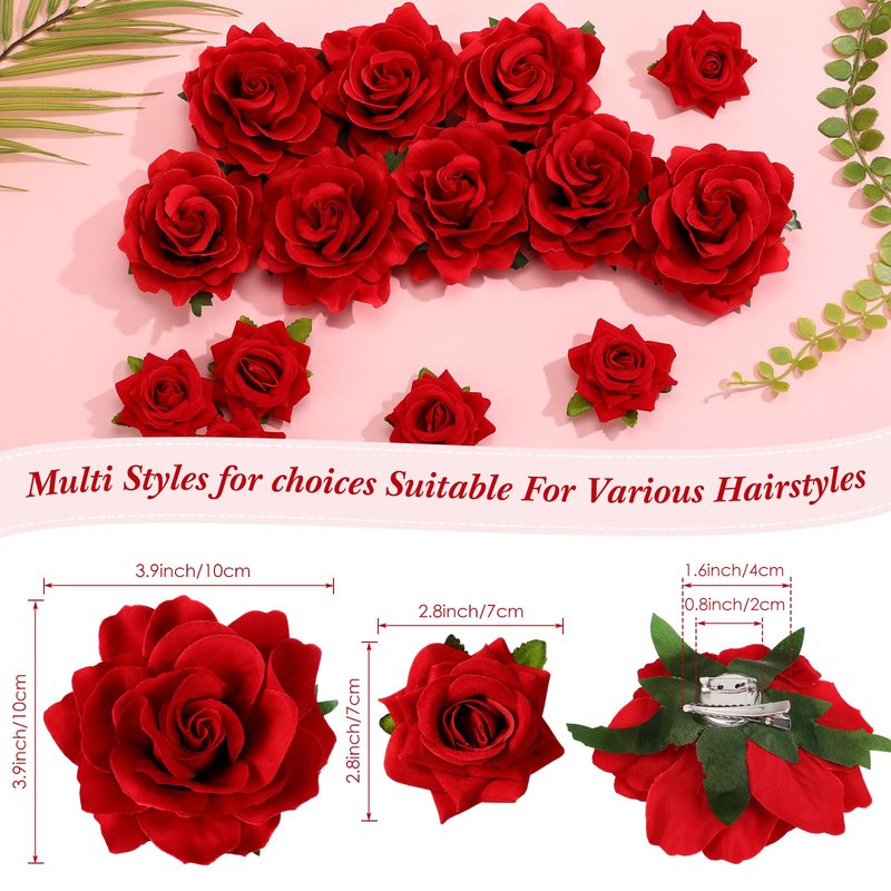 Waydress 30 Packs 2.8 Inch 4 Inch Flower Hair Clip Rose Hair Accessories Floral Hairpin Brooch Flowers Pin Brooch for Bridal Headpiece Accessories Wedding(Red)