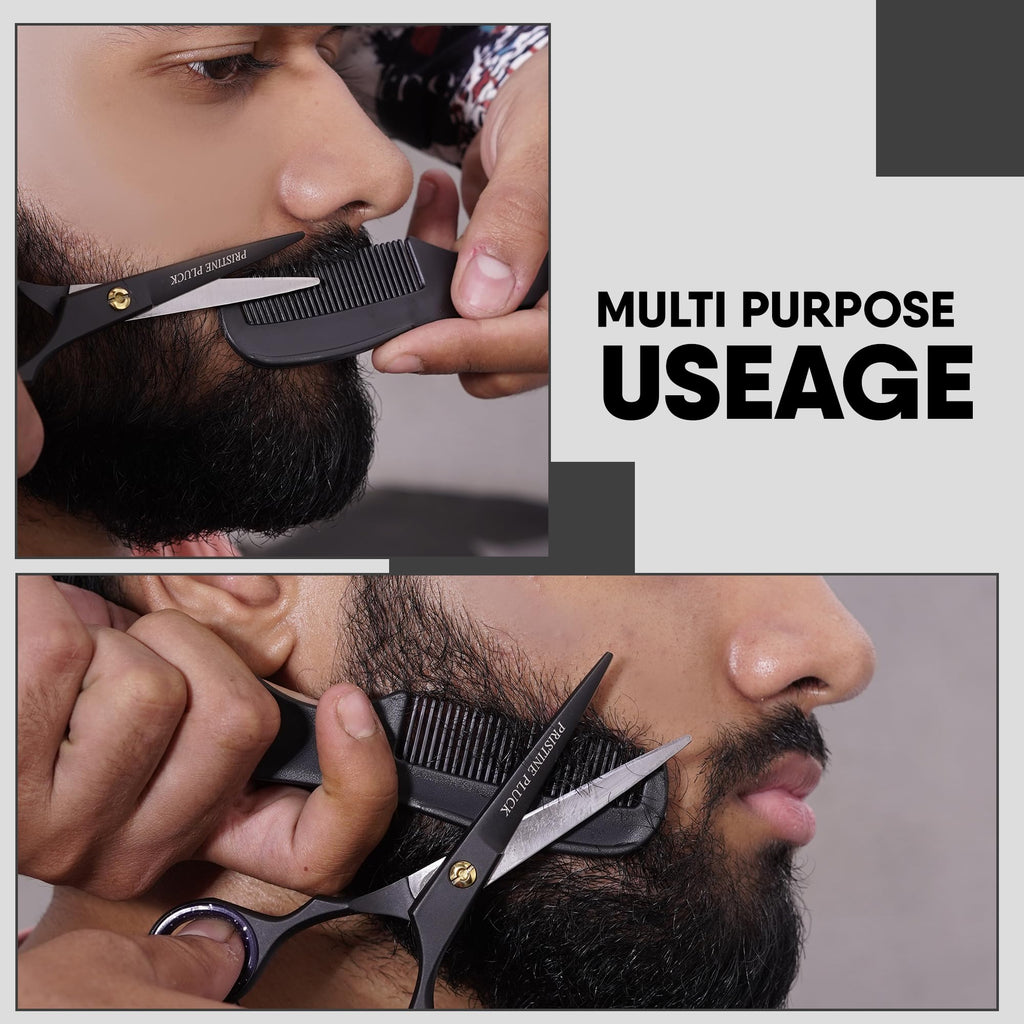 5” Beard & Mustache Scissors for Men – German Stainless Steel Precision Trimming Shears with Tweezers, Mustache Comb, Beard Comb & Travel Pouch for Facial Hair Grooming Kit