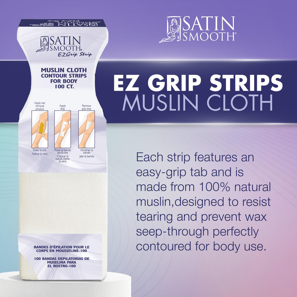 Satin Smooth EZ Grip Muslin Wax Strips – Professional Hair Removal Waxing Strips for Body & Face, 100 Count