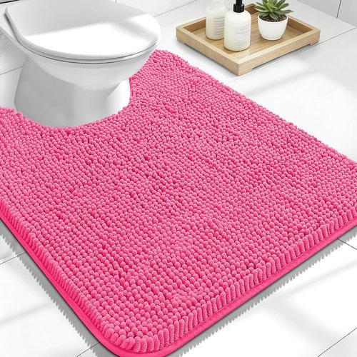 OLANLY U-Shaped Toilet Rug - Extra Soft Chenille Bath Mat, Quick-Dry & Non-Slip | 24x20, Hot Pink