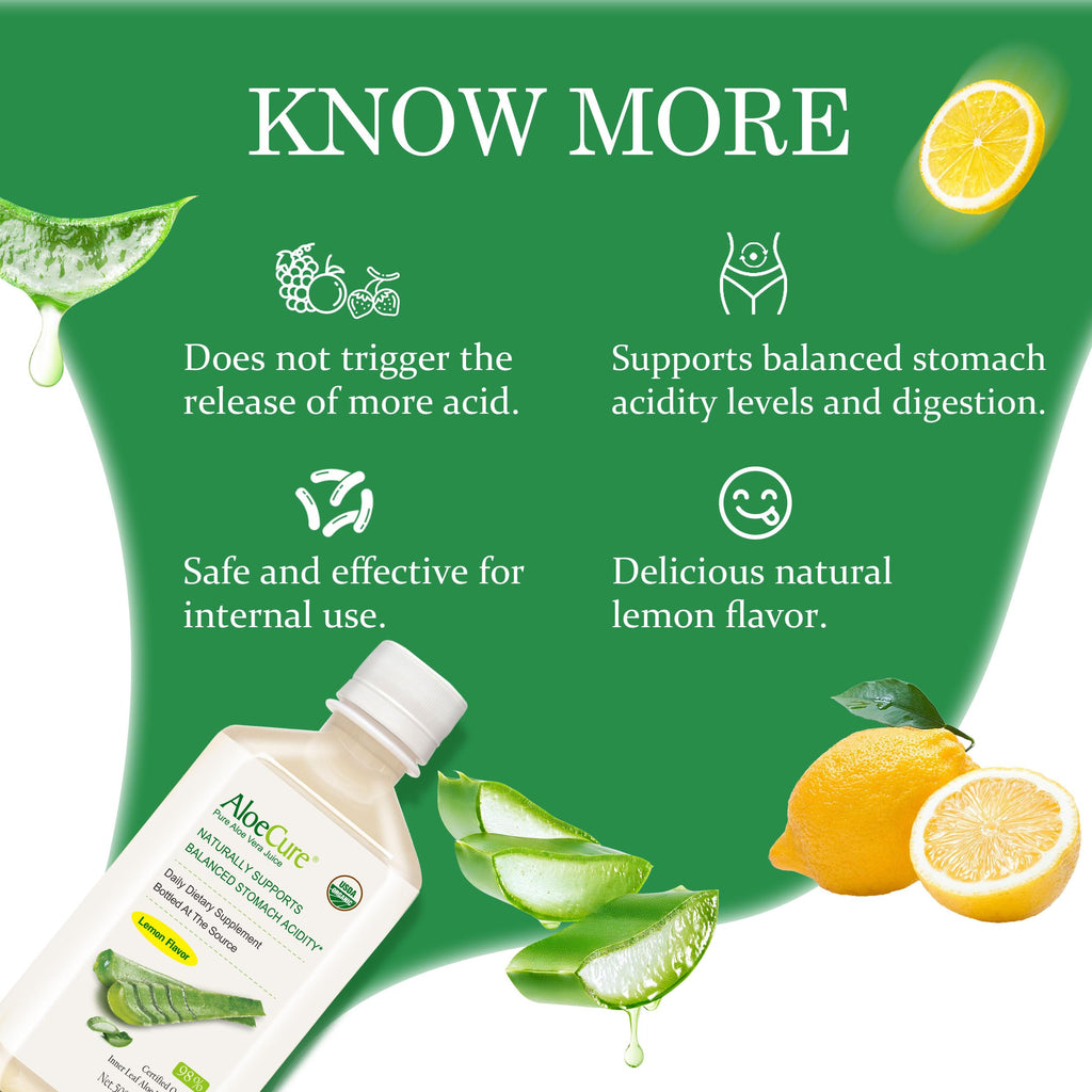 AloeCure USDA Organic Aloe Vera Juice Lemon Flavor - Made Within 12 Hours of Harvest - Natural Digestive Supplement for Balanced Stomach Acidity - Support Digestive and Immune Health, 2 Btls x 16.7oz