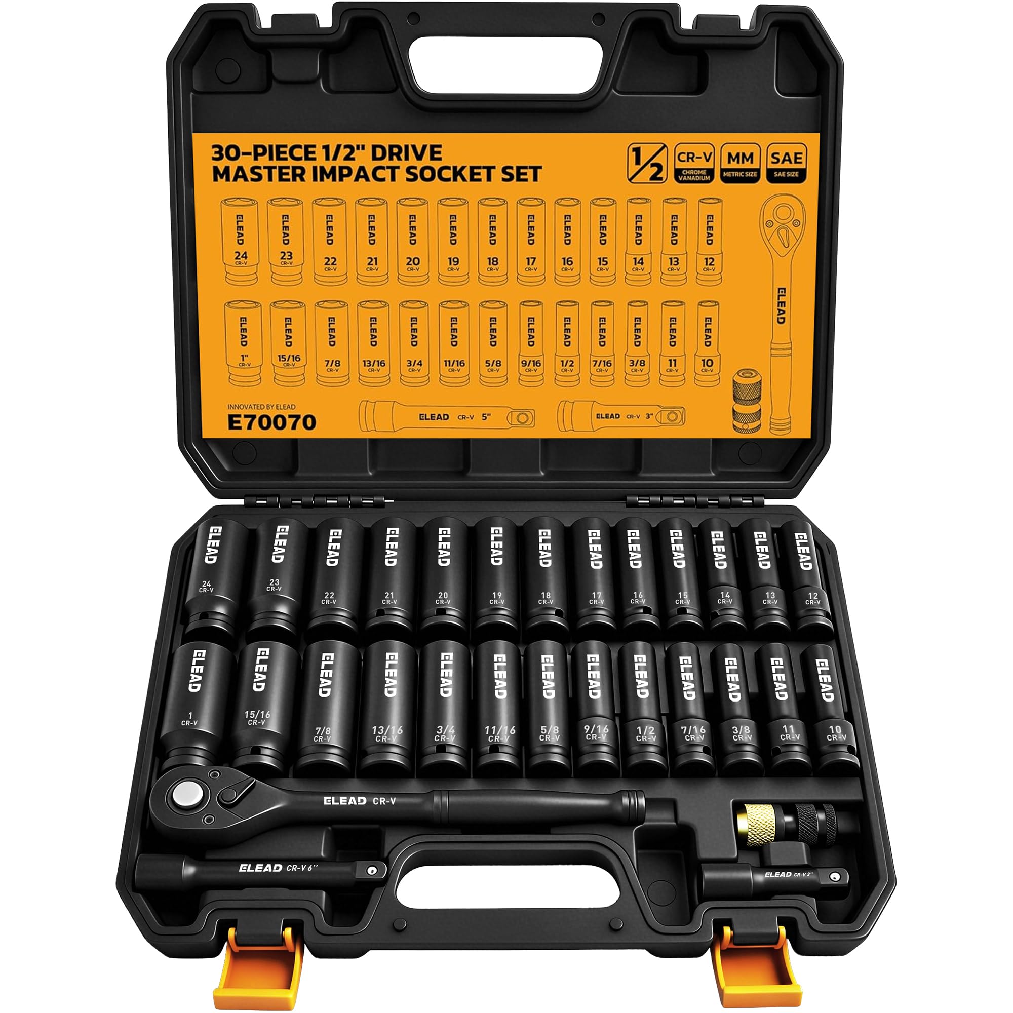 ELEAD 1/2" Drive Deep Impact Socket Set: 30-Piece Standard SAE (3/8 to 1 Inch) and Metric (10-24mm) Size, 3" and 5" Drive Extension Bar, Ratchet Handle, Bit Adapter, CR-V Steel for Auto Repair