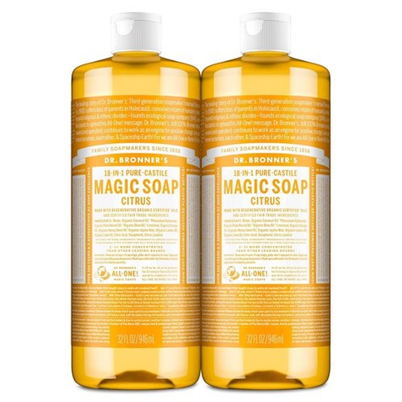 Dr. Bronner's Pure-Castile Liquid Soap | Citrus Scent, 32oz, 2-Pack - 18-in-1 Uses, Vegan & Organic