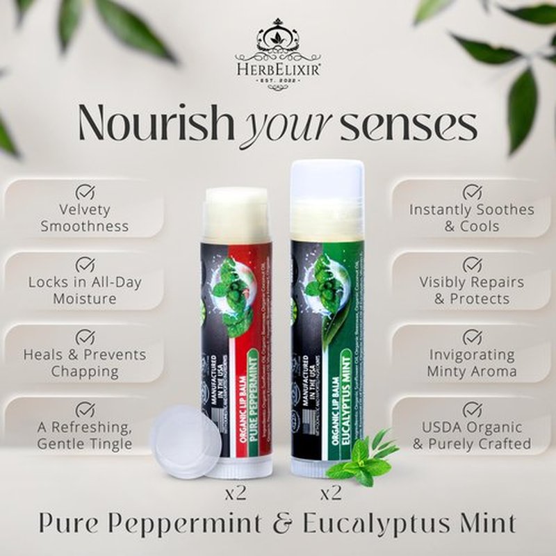 Organic Lip Balm Variety 4 Pack | Peppermint & Eucalyptus Mint Chapstick Set | Moisturizing for Dry Lips | For Men and Women