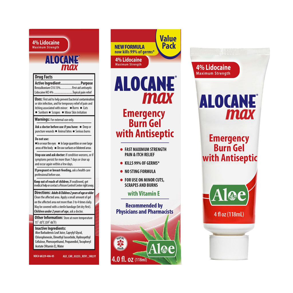 ALOCANE Max Maximum Strength Emergency Burn Gel With Lidocaine and Antiseptic, 4% Lidocaine, Fast Pain and Itch Relief, Sunburn Relief, Cuts, Scrapes, First Aid Burn Care, 4.0 Fluid Ounce