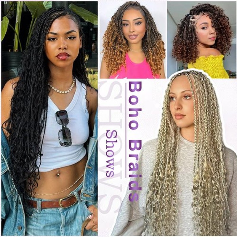 Goddess Box Braids Crochet Hair For Black Women-12 Inch 8 pack Pre Looped Boho Crochet Braids Short Prelooped Bohemian Boho Box Crochet Hair With Curly Ends（12in,#1b）