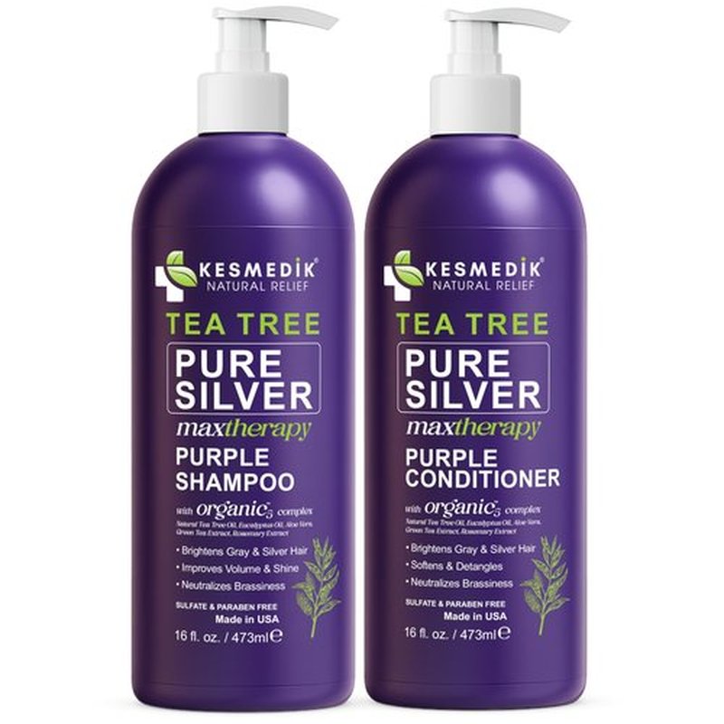 Tea Tree Purple Shampoo & Conditioner Set with Rosemary & Aloe, Professional Anti Brass Toner, Removes Yellow Tones for Gray, Bleached, White & Blonde Hair, Refreshes Scalp, Sulfate-Free