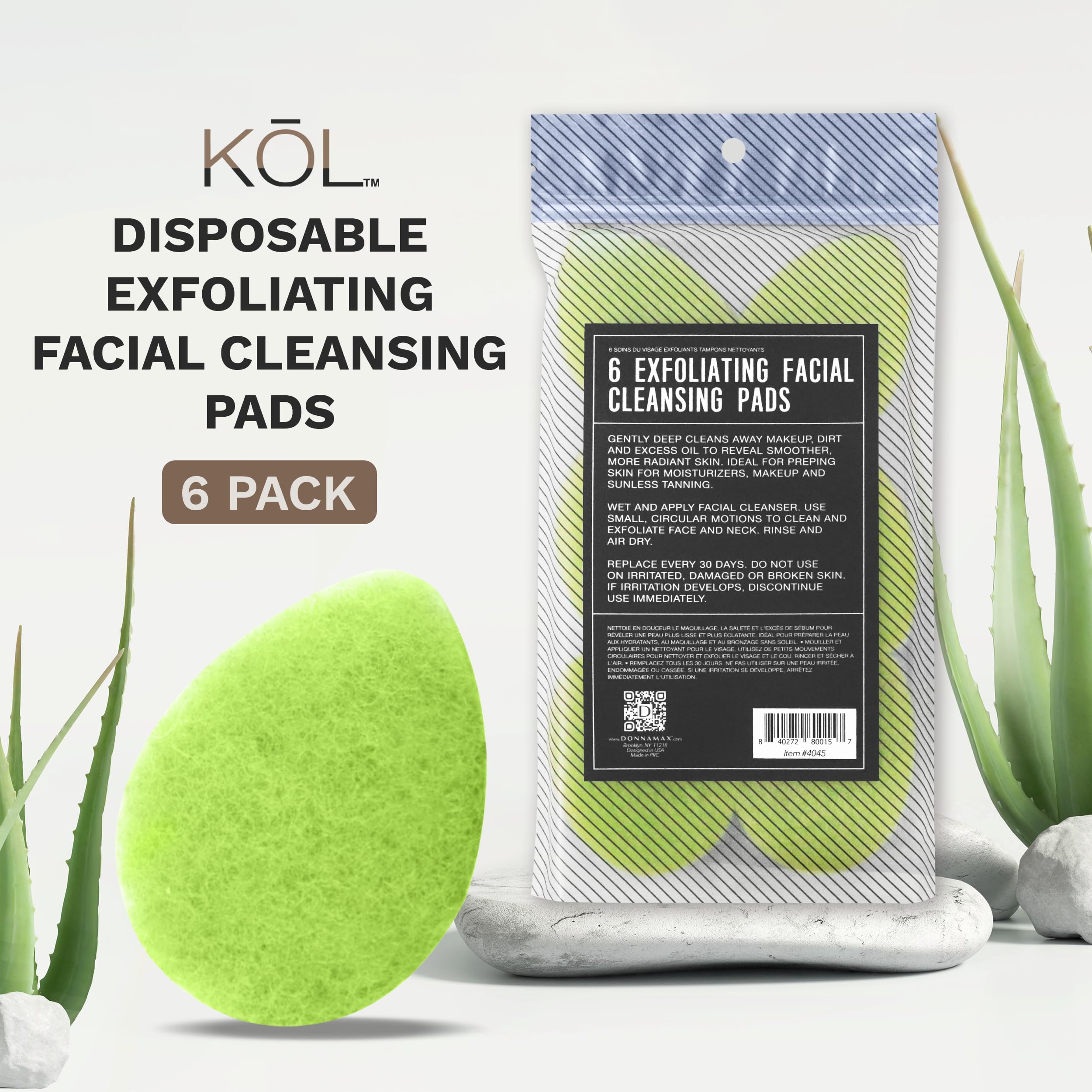 KOL Face Scrubber, Aloe Infused Exfoliating Facial Cleansing Pads, Disposable Exfoliator Face Sponge for Daily Cleaning and Makeup Removal, 6 Count