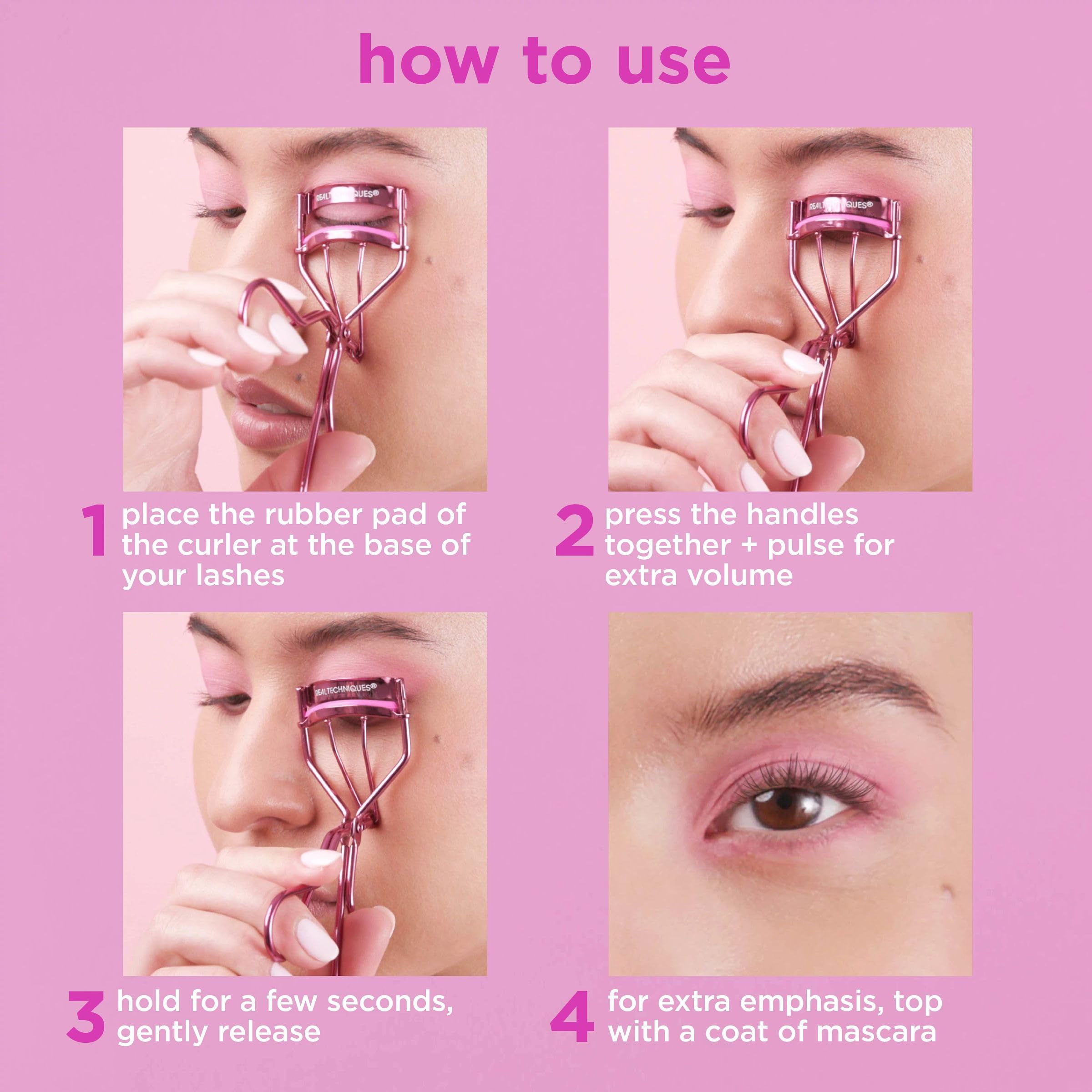 Real Techniques Miracle Eyelash Curler, Gentle Lash Tool for Lifted Lashes, Use with Mascara for Extra Volume, Travel-Size Lash Curler, Comfort Grip & Pinch-Free Design, Pink, Cruelty-Free, 1 Count