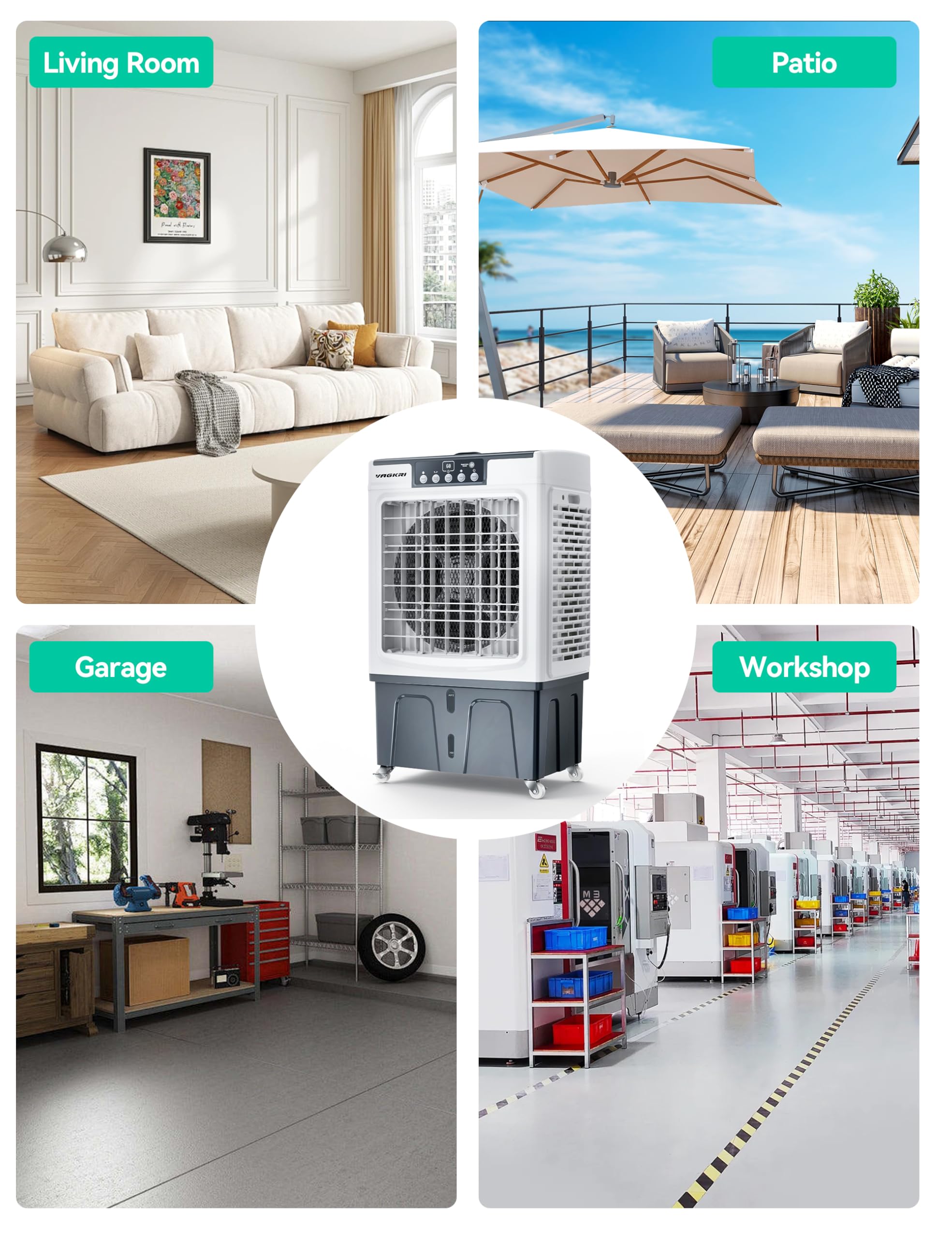 VAGKRI Swamp Cooler, 3100 CFM Evaporative Air Cooler with 12 Gallon Tank, 120° Oscillation, 3 Modes & 3 Speeds, 24H Timer, Remote Control, Outdoor Cooling Fan with Auto Fill for Patio, Garage, Factory