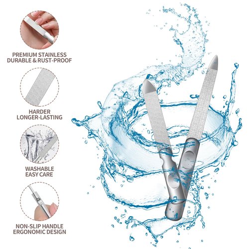 Metal Nail File (3 Pcs), Nail Files for Natural Nails & Toenails, Thick Nails Made of Stainless Steel, Double Sided Metal Nail Files with Anti-Slip Handle for Fingernail Toenail, Home or Salon Use
