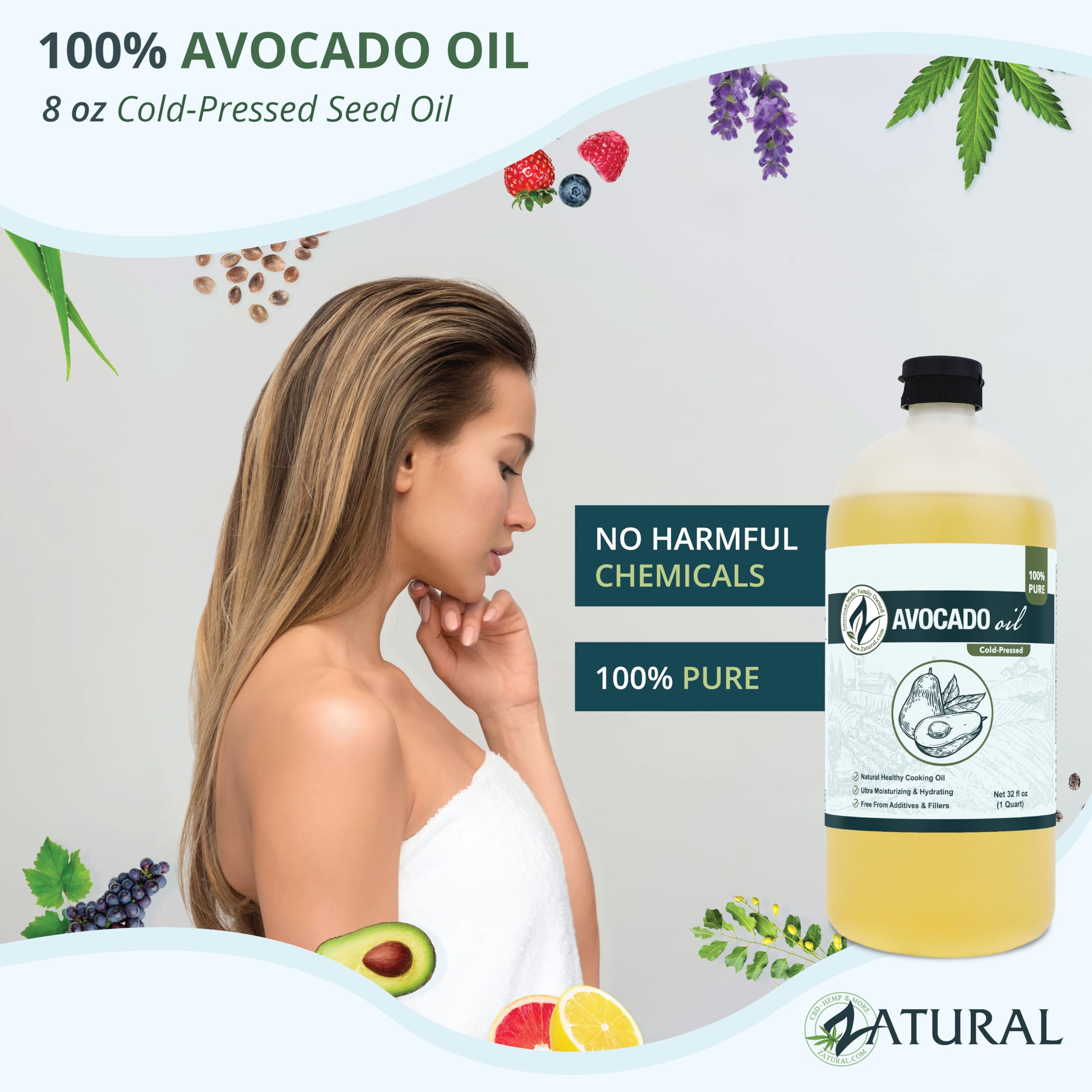 Zatural 100% Avocado Oil Pure Natural without Additives, Clean, Cold Pressed, Non-GMO, Vegan: For Cooking, Frying, Baking and for Sauces, Dressings, Marinades, Salads (32 Ounce)