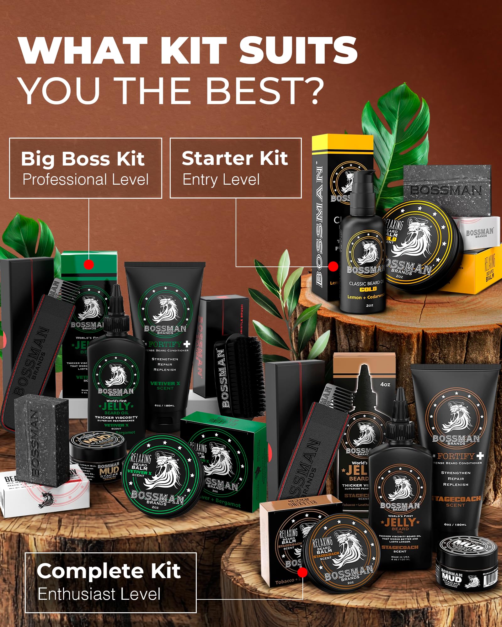 Bossman Essentials Beard Kit for Men, Set of 3 - Beard Oil Jelly, Fortifying Conditioner Cream, Beard Balm - Grooming Growth Care Accessories - Gift Set for Men (Vetiver X)