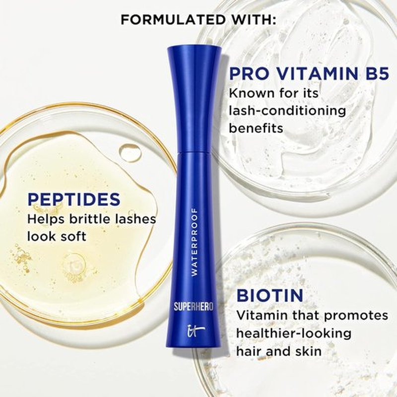 IT Cosmetics Superhero Waterproof Mascara - 24HR Volumizing Formula with Biotin & Peptides - Super Black, 0.3 fl oz