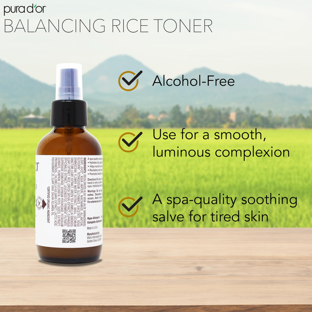 PURA D'OR 3.38 Oz Rice Water Balancing Facial Toner - Hydrating & Soothing Formula with Natural Extracts - Skin Texture Support for Radiant Skin - Alcohol-Free - Travel Size