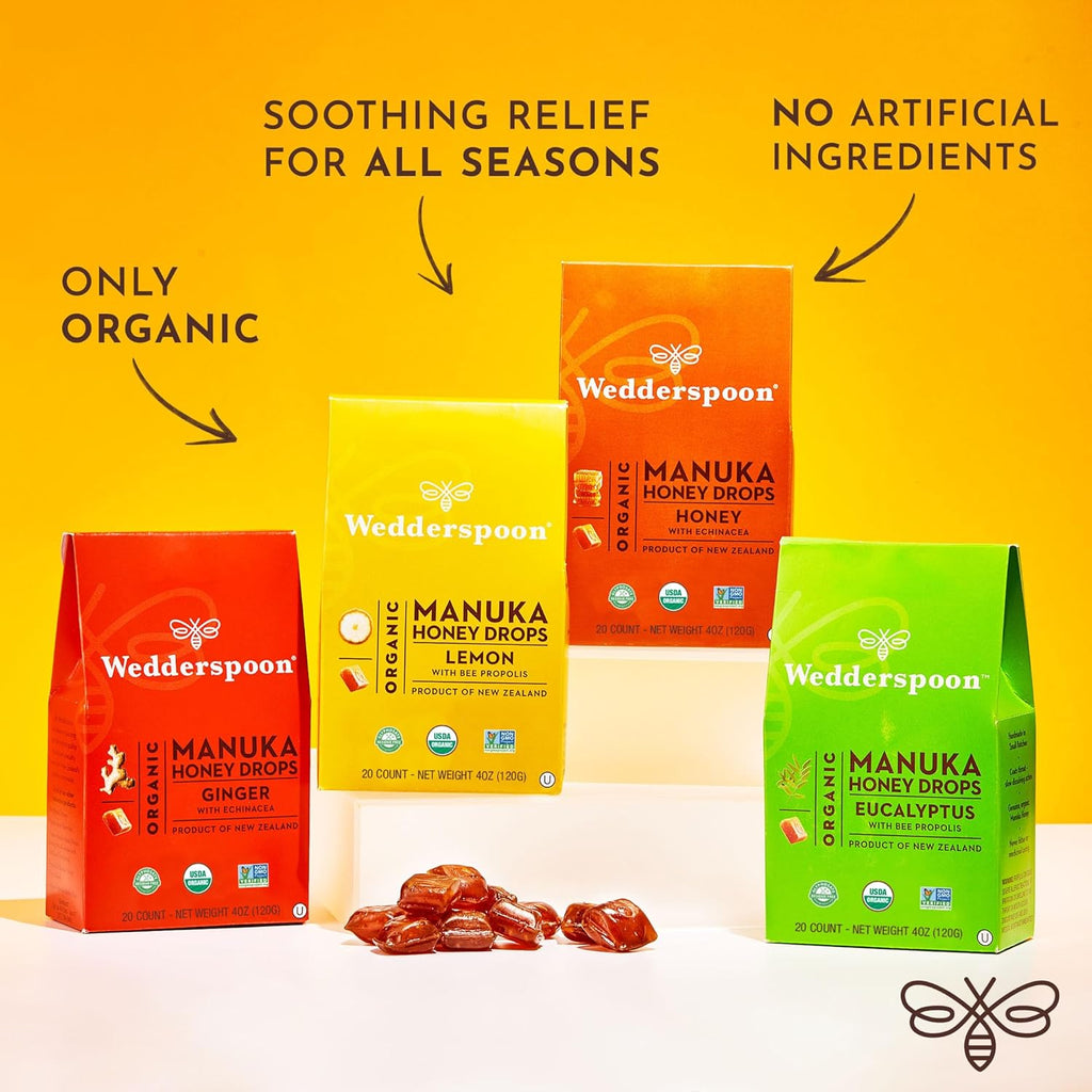 Wedderspoon Organic Manuka Honey Drops - Eucalyptus & Bee Propolis, 20 Count (4oz) | Soothing Dry Throats - Pack of 2