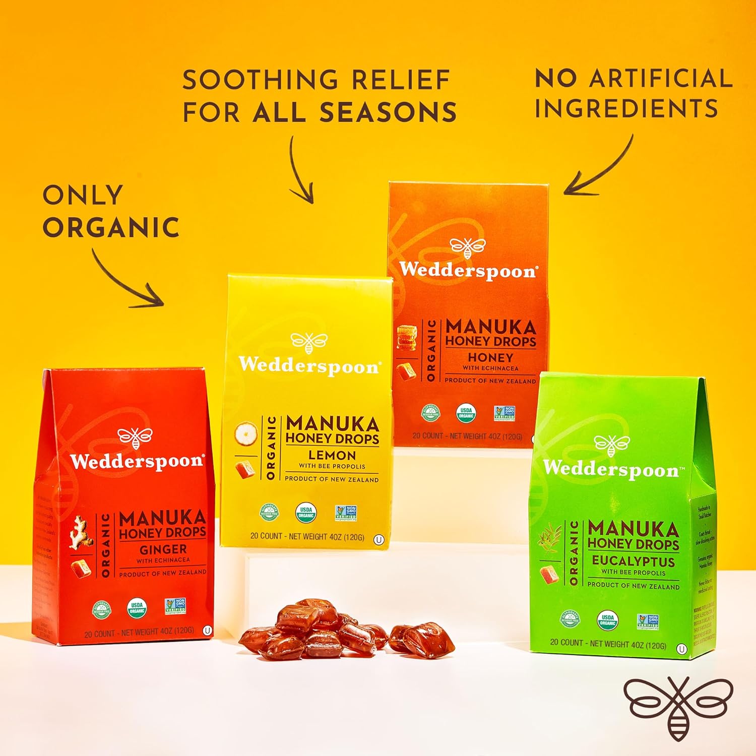 Wedderspoon Organic Manuka Honey Drops - Eucalyptus & Bee Propolis, 20 Count (4oz) | Soothing Dry Throats - Pack of 2