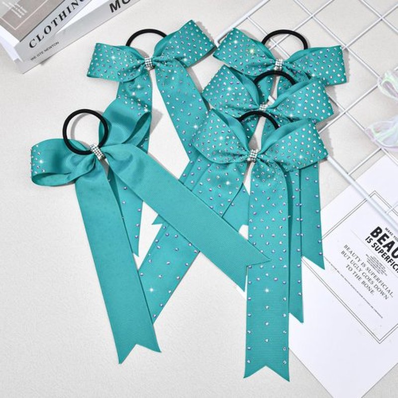DEEKA 12 PCS Glitter Collegiate Style Cheer Bows Long Tail Full Rhinestones Skinny Shiny Cheer Bow Ponytail Holder Handmade Bows for Girls Teens Cheerleader Sports -Teal