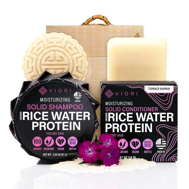 Viori Terrace Garden Shampoo & Conditioner Bar Set | Handcrafted Rice Water Formula for Hair Growth - Bamboo Holder Included
