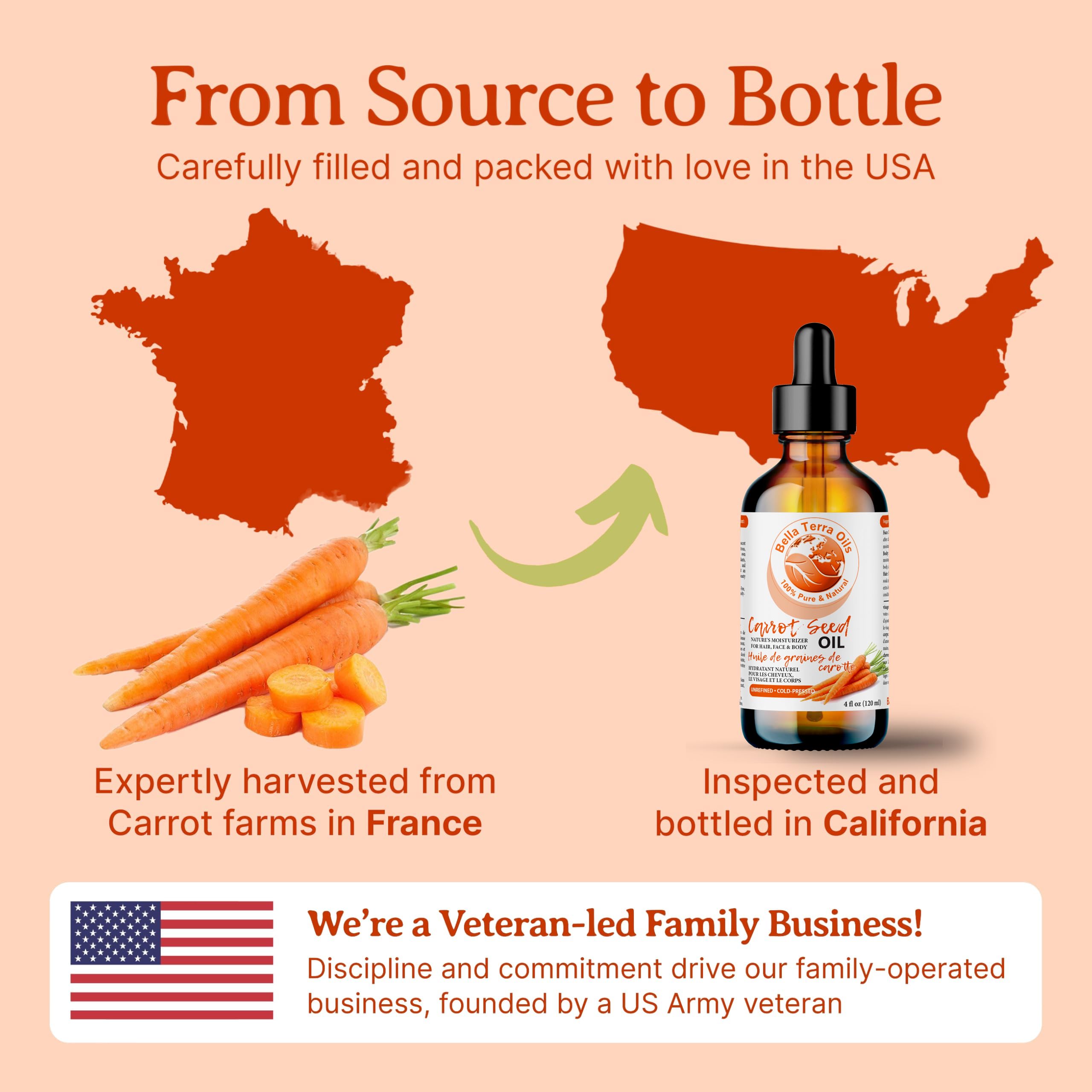 Bella Terra Oils - Organic Carrot Seed Oil 4oz - Celebrate the Nutrient-Rich Legacy of Organic Carrots, High in Vitamin K & Phytosterols, For a Supple & Radiant Appearance