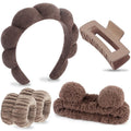 VELSCRUN Spa Headband, Makeup Face Wash Skincare Headbands, 5 Pcs Sponge Get Ready Bear Ears Hairband Facial Wristband Hair Clip Set, Stuff for Teen Girls Women Trendy Hair Accessories Dark Brown