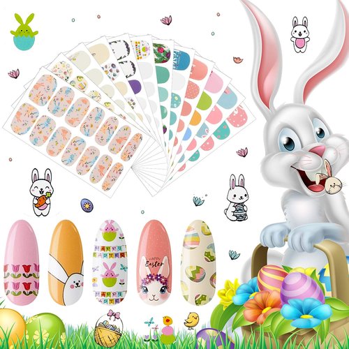 168 Pieces 12 Sheets Easter Nail Wraps Full Art Polish Stickers Spring Easter Self Adhesive Art Decals Strips Eggs Rabbits Chick Sticker with Nail File for Women Girls DIY Manicure