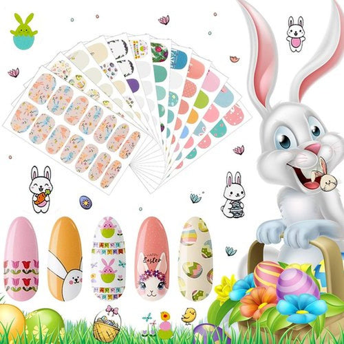 168 Pieces 12 Sheets Easter Nail Wraps Full Art Polish Stickers Spring Easter Self Adhesive Art Decals Strips Eggs Rabbits Chick Sticker with Nail File for Women Girls DIY Manicure
