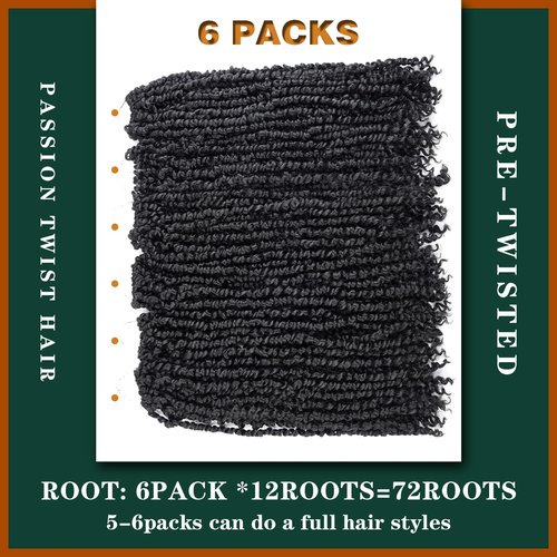 Silike Passion Twist Crochet Hair 18inch 6packs Pre-Twisted Synthetic Long Curly 12 Roots Braiding Hair Extensions For Women (18 inch, 1B)