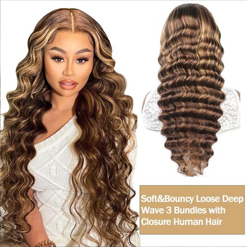 Highlight Brazilian Human Hair Bundles with Closure (12/14/16+12inch) Unprocessed Loose Deep Wave 3 Bundles Human Hair with 4x4 Swiss Lace Closure Pre Plucked, Ombre Honey Blonde Brown Curly Bundles