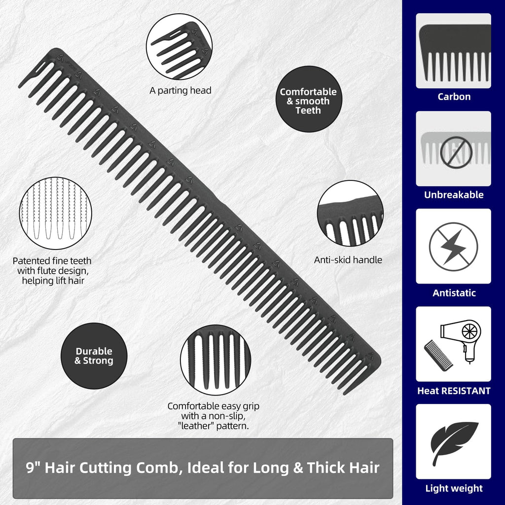 PERFEHAIR 2-Pack Professional Round Tooth Hair Cutting Comb - 9 Inch, Black Carbon Fiber Anti-Static & Heat Resistant, Durable Barber Combs with Fine & Wide Tooth for Precise Haircut for Men & Women