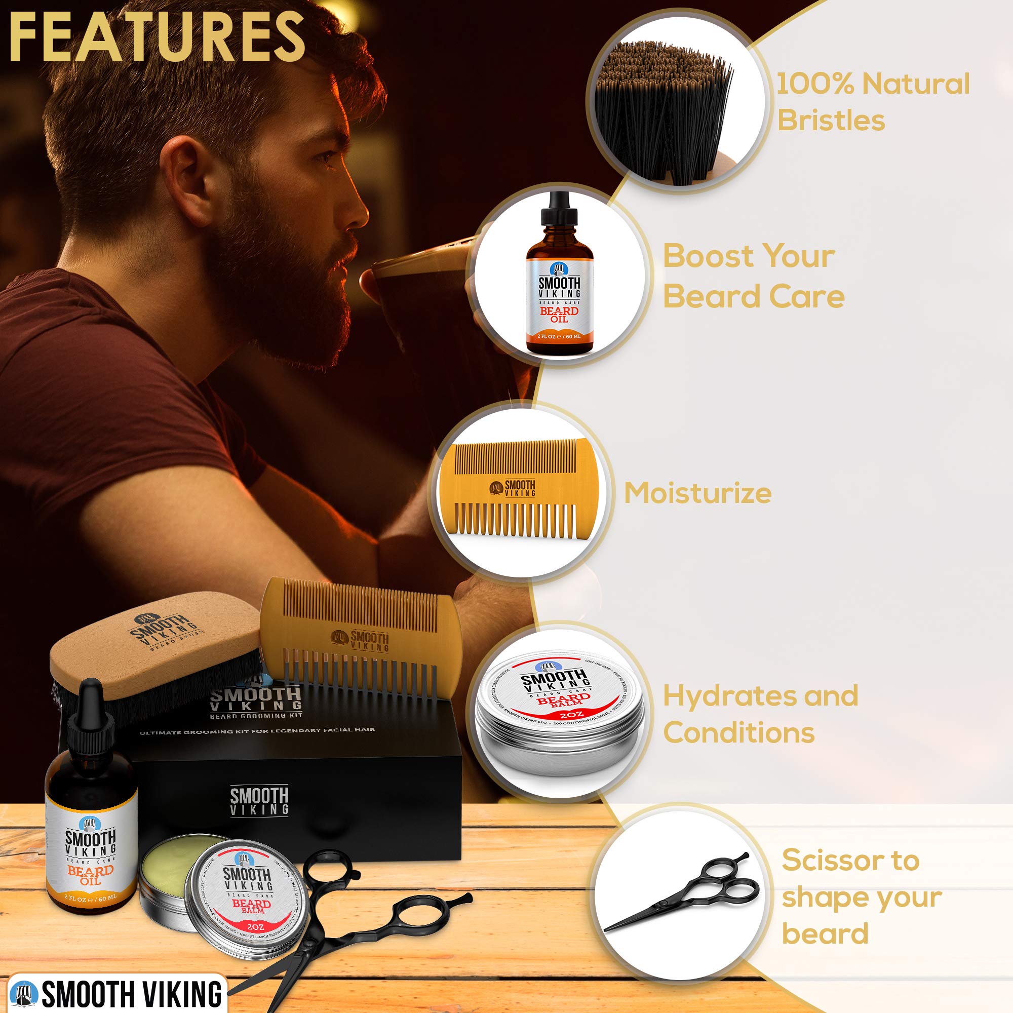 Beard Grooming Kit for Men, Beard Growth Kit with 100% Boar Beard Brush and Comb, Beard Trimming Set, Moisturizing Beard Oil and Balm, Beard Brush Kit - Beard Care Kit for Men Gift Set