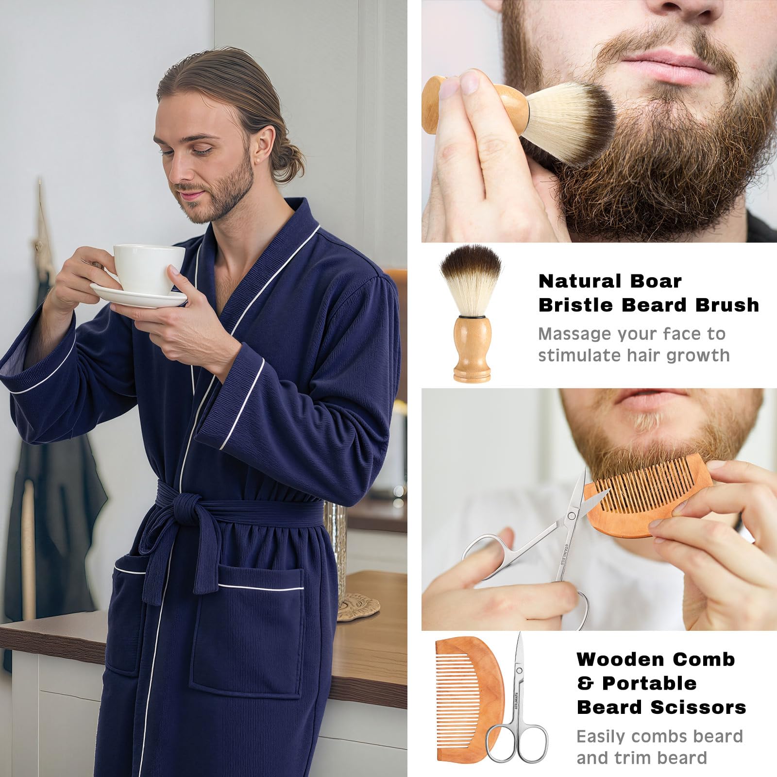 Shyyween 10 Pcs Birthday Gifts Baskets for Men Father Gift Get Well Soon Gifts Beard Care Set Graduation Gift for Him with Bathrobe, Wallet, Beard Comb & Brush Set for Dad Boyfriend Husband(Blue)