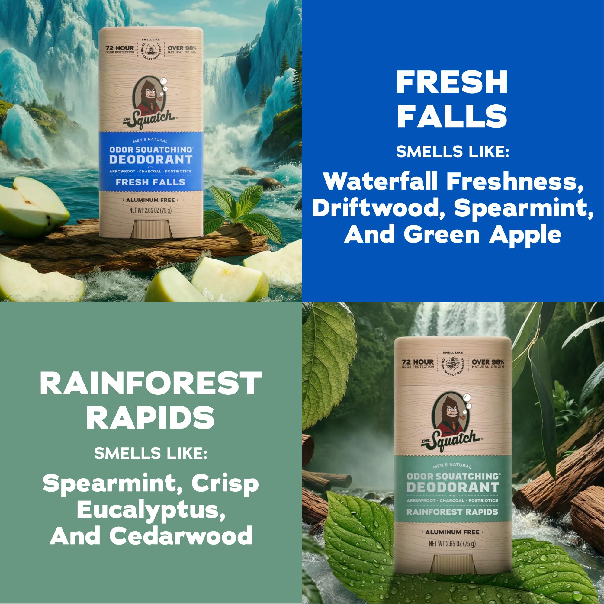 Dr. Squatch Natural Men’s Deodorant – Aluminum Free Natural Deodorant Men with Charcoal & Postbiotics for 72-Hour Odor Protection – Rainforest Rapids + Fresh Falls, 2.65oz Stick (2-Pack)