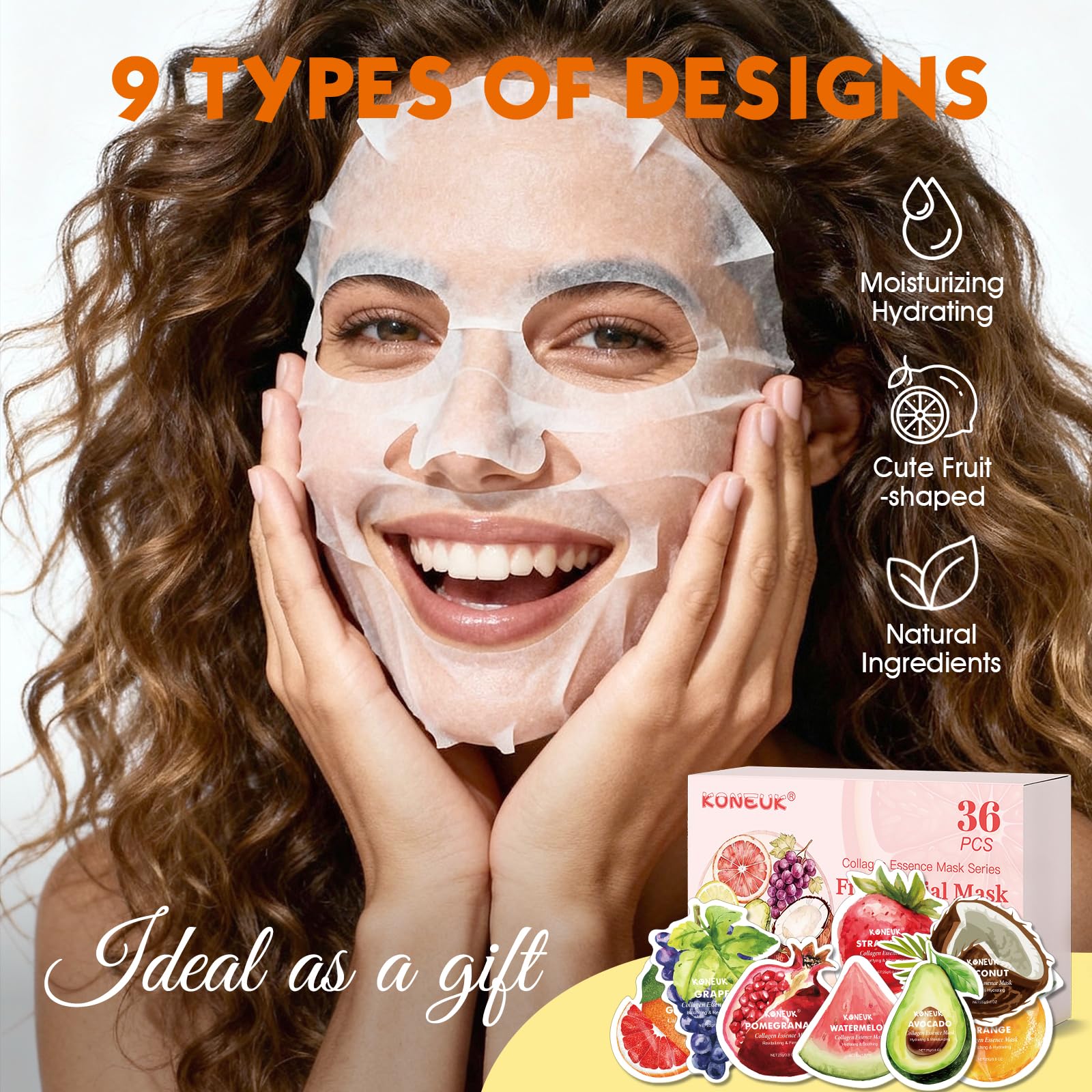 KONEUK 36 Pack Fruit Shaped Sheet Face Mask for Women, Collagen Hydrating and Moisturizing Face Masks Skincare for Dry Skin, Bulk Mothers Day Gifts, Spa Party Gifts, Nurse Gifts(9 Types x 4 Pcs)