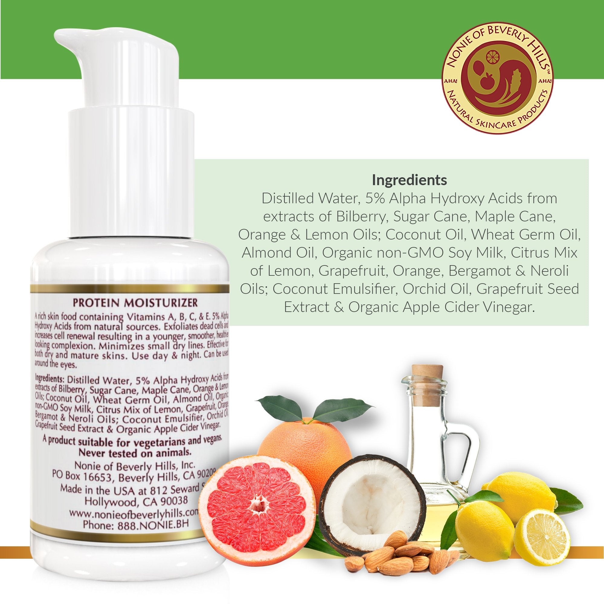 Nonie AHA Protein Moisturizer for Dry Skin Rejuvenating Protein Cream with Alpha Hydroxy Acids 100% Natural & Vegan Ingredients Gentle USA Made