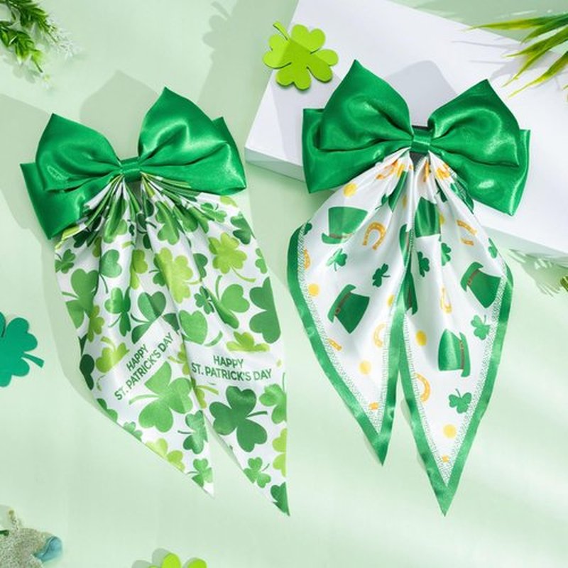 OAOLEER 2PCS St. Patrick's Day Hair Bows for Women 8 Inch Green Satin Layered Hair Clips with Long Tail French Style Hair Accessories for Girls