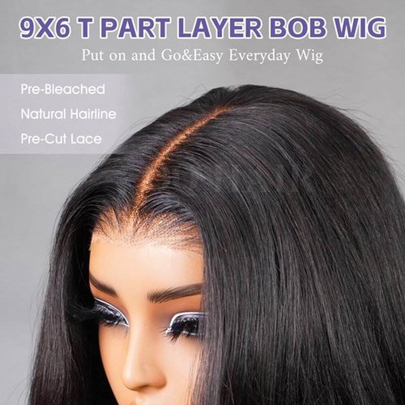 OQ HAIR Layer Cut Bob Wig Human Hair Pre-Bleached Glueless Wig Ready to Wear 180% Density Face-Framing Yaki Straight 9X6 HD Lace Closure Wigs Human Hair 12 Inch