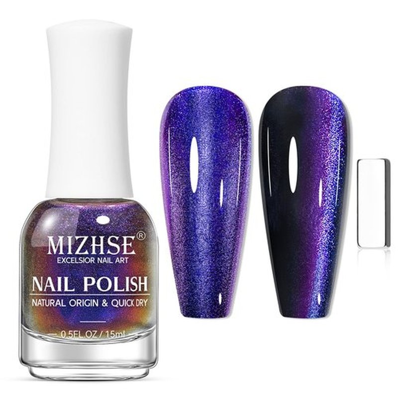 MIZHSE Quick Dry 9D Cat Eye Nail Polish Non Gel, Blue-Violet Magnetic Nail Polish with Magnet, Air Drying Fast Cateye Nail Lacquer Galaxy Effect Manicure Home Gift for Women 15ml