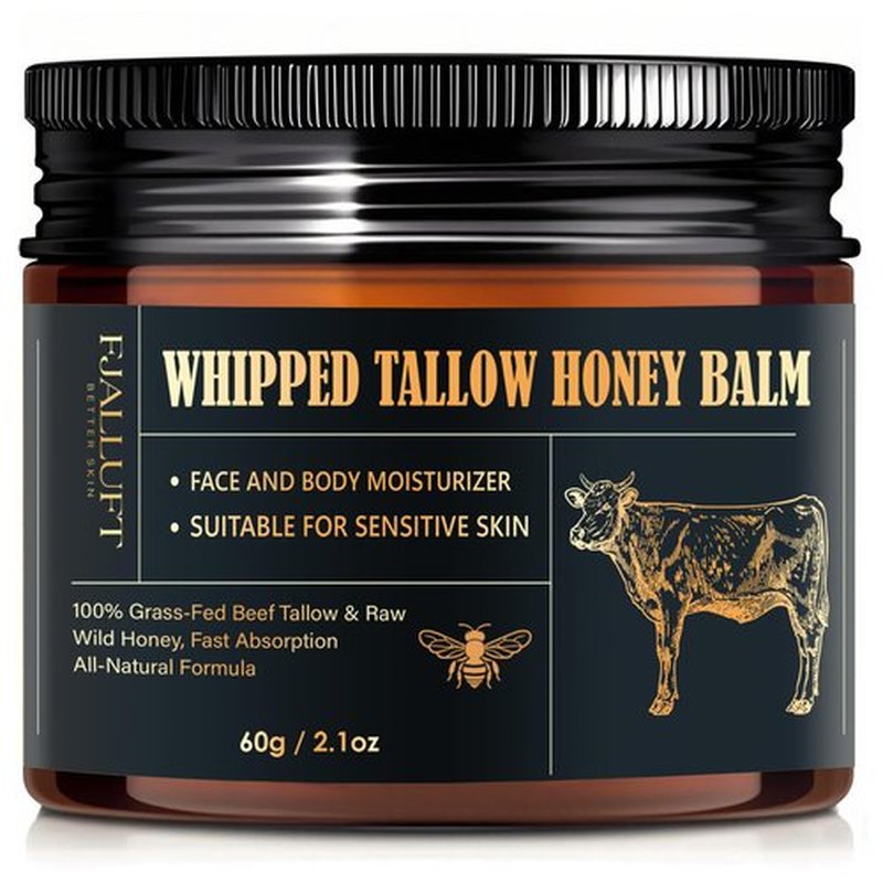 FJALLUFT Beef Tallow and Honey Balm Moisturiser, Whipped Grass Fed with Raw Honey and Olive Oil, Anti-Aging Facial Cream, Unscented, 3 Ounce (Medium)