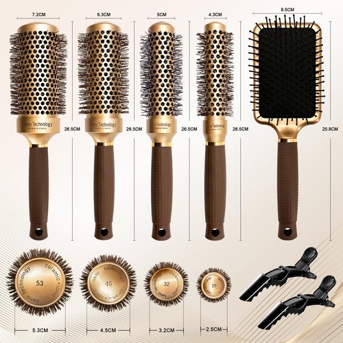 Round Brush Set for Blow Drying- 5 in 1 Round Brush & Paddle Brush Kit with Section Clips - Nano Ceramic Ionic Barrel - Styling, Curling, Smoothing for All Hair Types