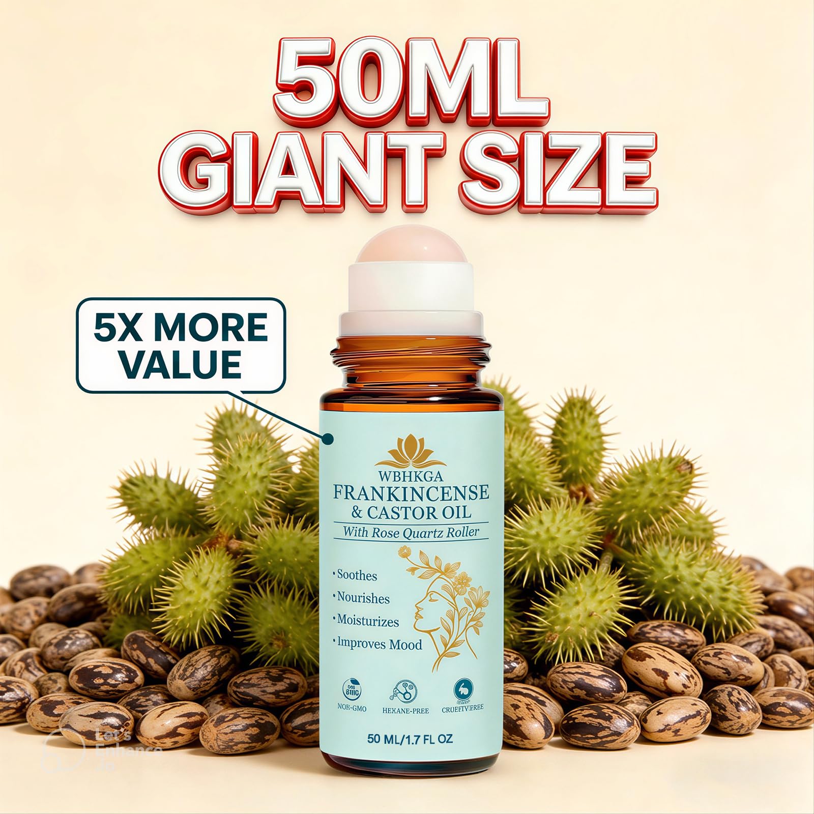 WBHKGA Castor Oil & Frankincense Roll On - Real Red Rose Quartz Eye Roller (Not Plastic) - Pure Cold Pressed Face Serum for Dark Circles, Fine Lines, Wrinkles & Puffiness (50ml (2 Pack - Value Set))