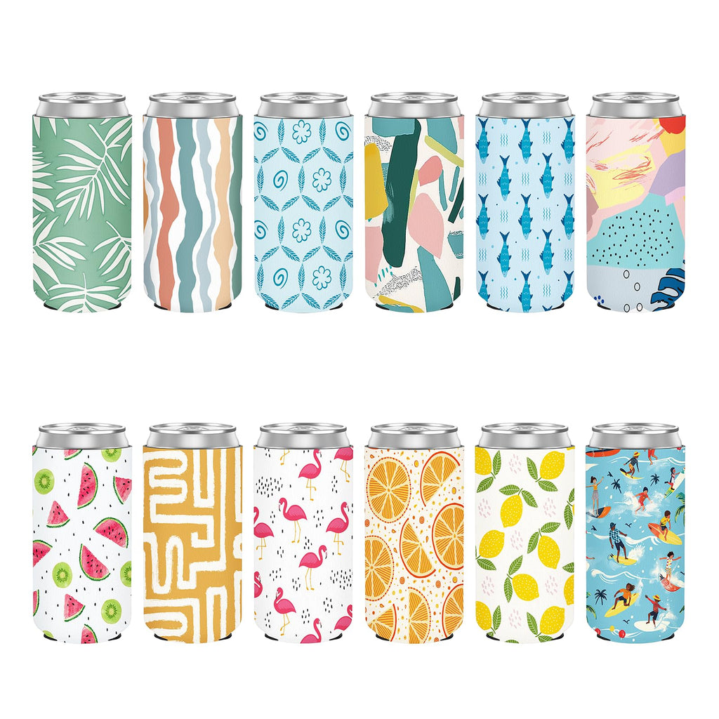12 Pack Slim Can Cooler Sleeve Insulated Tall Cans 12 Oz Bulk Neoprene Slim Drink Bottle Holder Summer Party Decorations, Blanks for Vinyl Projects Birthday Wedding Favors & Gifts