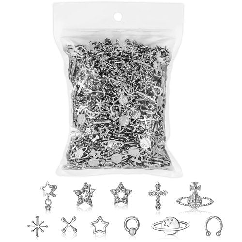 TemBelle 165PCS Silver Nail Charms Bulk Set with Star, Planet, Cross & More; 165 Count; Metal Alloy with Rhinestones; Mix Shape; Nail Art Accessories