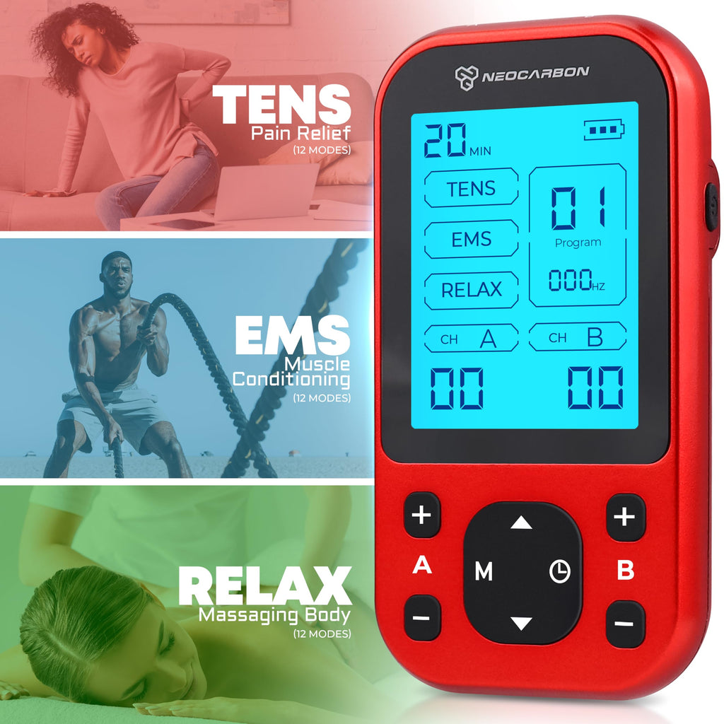 NEOCARBON TENS Unit Muscle Stimulator Pro for Back Pain Relief, Shoulder Recovery and Physical Therapy, Electronic Massager Machine with PMS Pulse for Effective Shock Therapy, Red