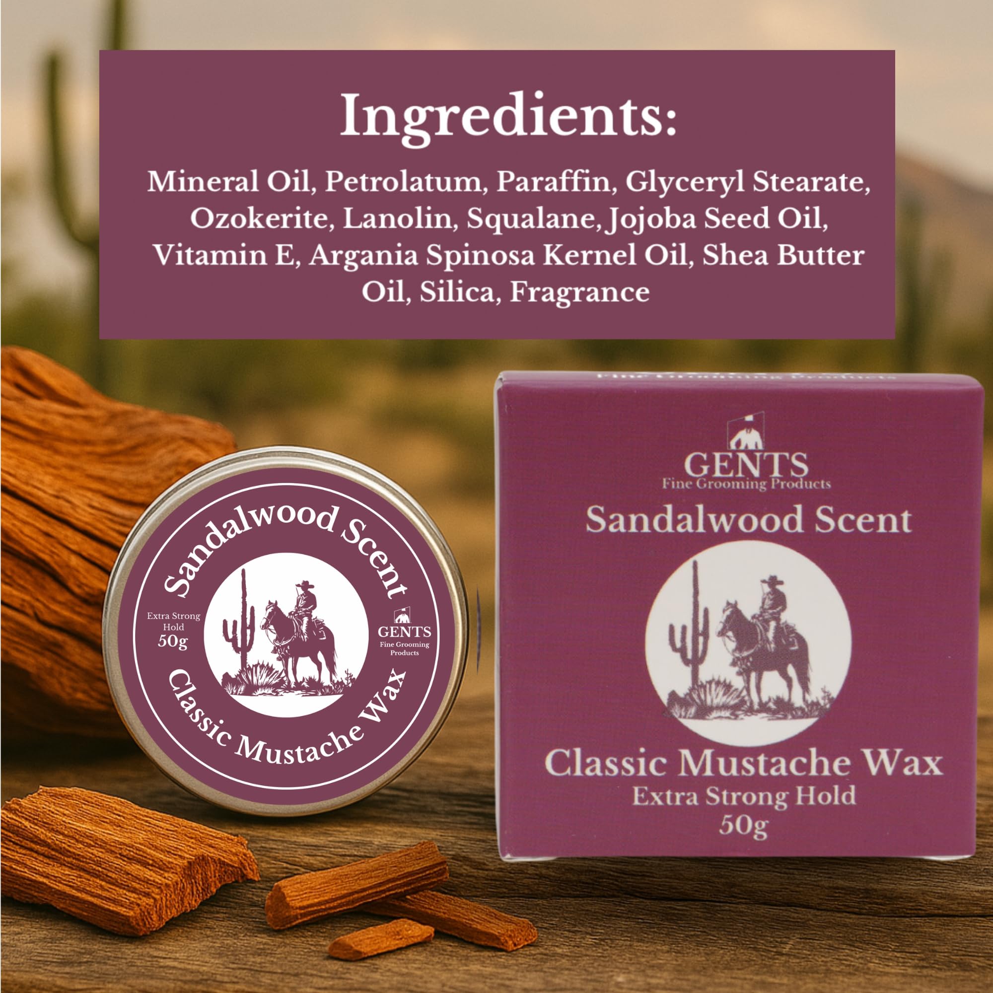Sandalwood Mustache Wax Kit – Classic Scented Wax with Extra Strong Hold, 5.5" Folding Comb & 5" Fine/Coarse Travel Comb